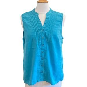 Kim Rogers Aqua Blue Linen Blend Sleeveless Button Down Shirt, Size PL